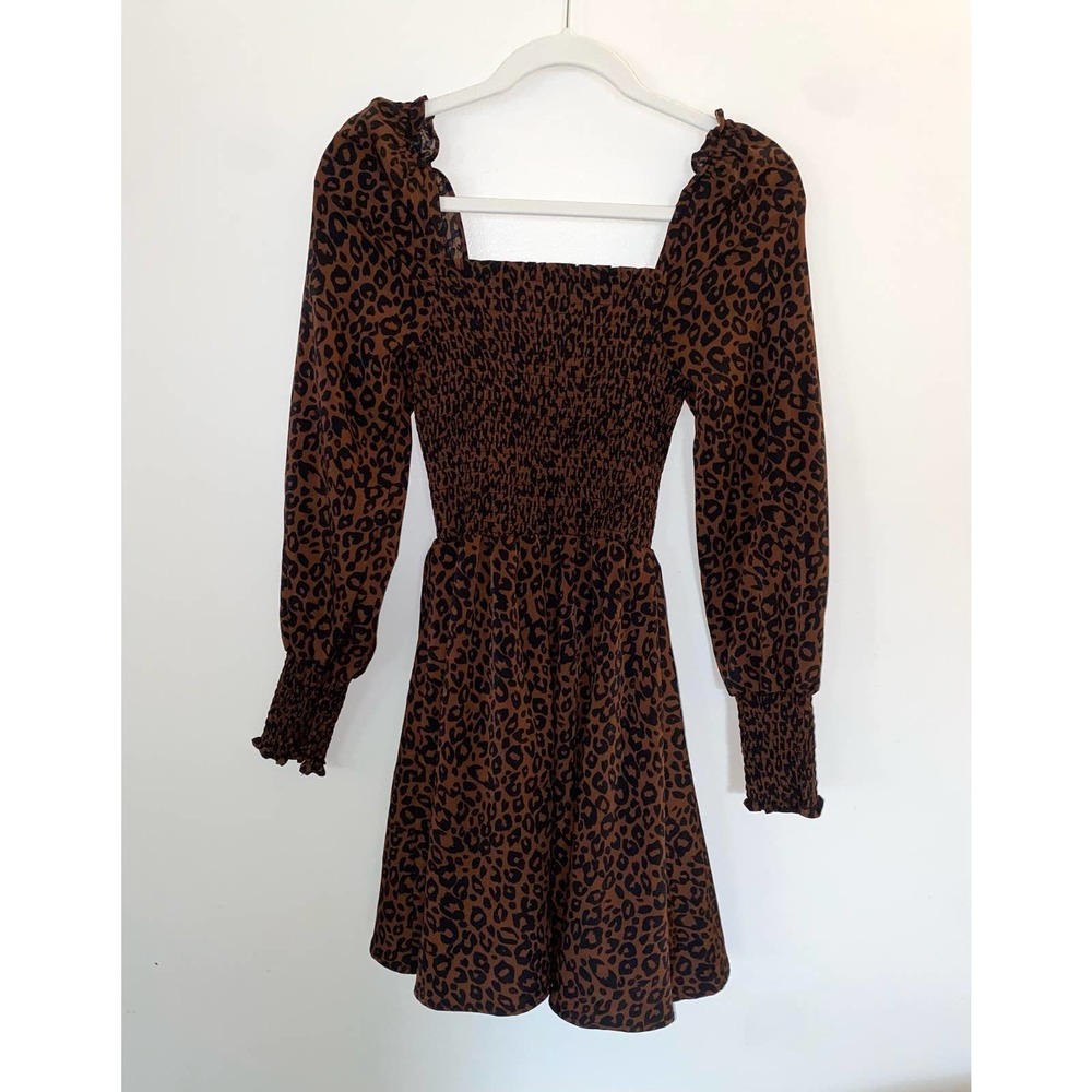 BP. Nordstrom shirred ruffled mini leopard square neck cute summer dress 0044